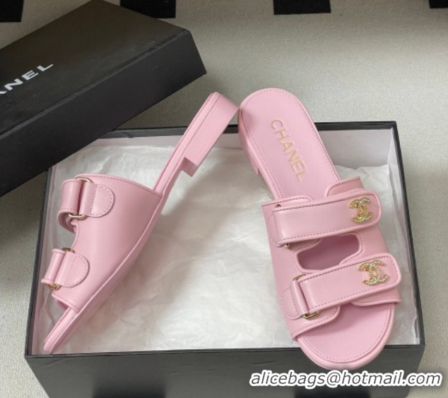 Low Price Chanel Lambskin Leather Flat Slides Sandal with Strass and Strap G47043 Pink 2026