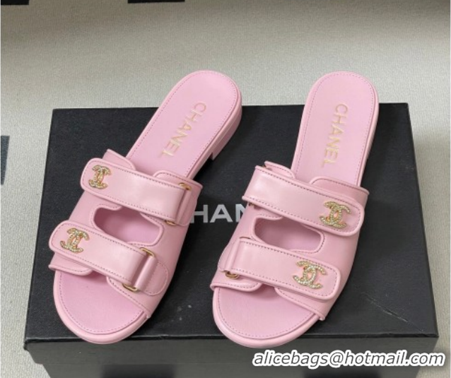 Low Price Chanel Lambskin Leather Flat Slides Sandal with Strass and Strap G47043 Pink 2026