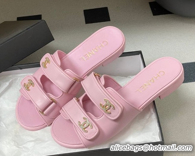 Low Price Chanel Lambskin Leather Flat Slides Sandal with Strass and Strap G47043 Pink 2026