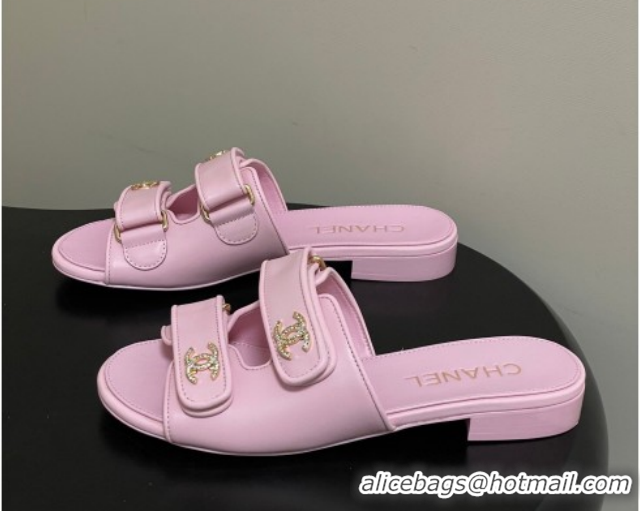 Low Price Chanel Lambskin Leather Flat Slides Sandal with Strass and Strap G47043 Pink 2026