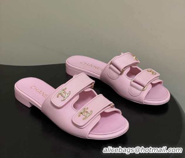 Low Price Chanel Lambskin Leather Flat Slides Sandal with Strass and Strap G47043 Pink 2026