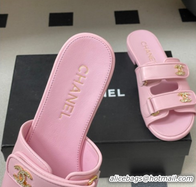 Low Price Chanel Lambskin Leather Flat Slides Sandal with Strass and Strap G47043 Pink 2026