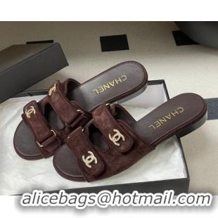 Best Grade Chanel Suede Flat Slides Sandal with Strass and Strap G47043 Dark Brown 2026