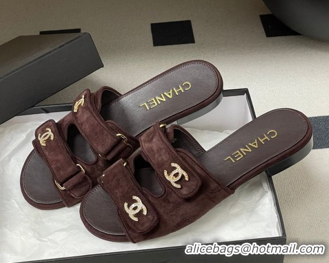 Best Grade Chanel Suede Flat Slides Sandal with Strass and Strap G47043 Dark Brown 2026