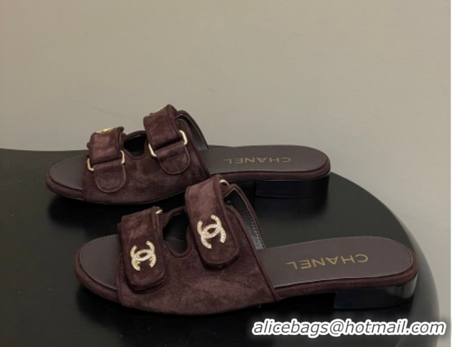 Best Grade Chanel Suede Flat Slides Sandal with Strass and Strap G47043 Dark Brown 2026