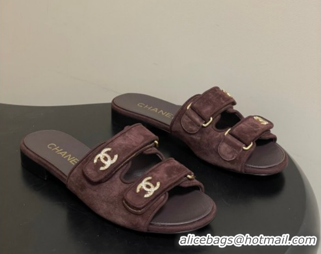Best Grade Chanel Suede Flat Slides Sandal with Strass and Strap G47043 Dark Brown 2026