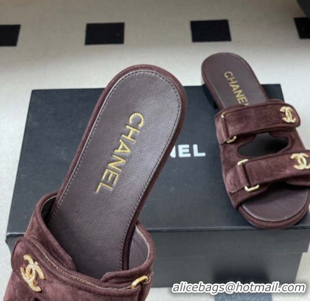 Best Grade Chanel Suede Flat Slides Sandal with Strass and Strap G47043 Dark Brown 2026