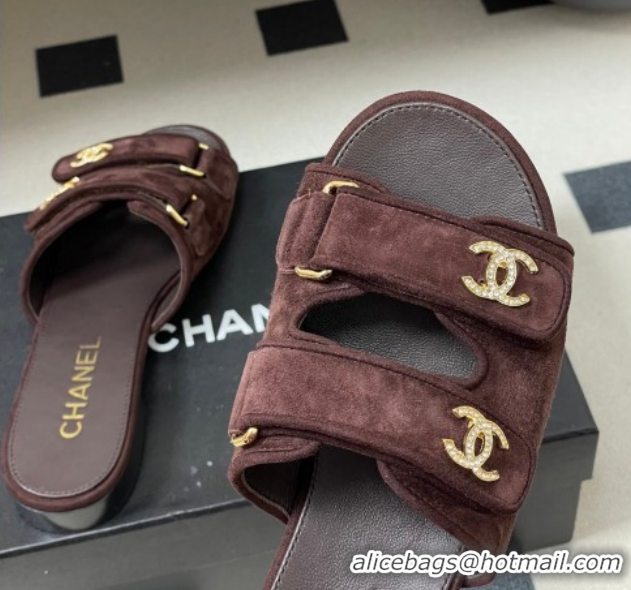 Best Grade Chanel Suede Flat Slides Sandal with Strass and Strap G47043 Dark Brown 2026