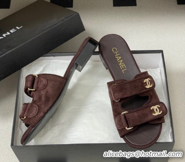 Best Grade Chanel Suede Flat Slides Sandal with Strass and Strap G47043 Dark Brown 2026