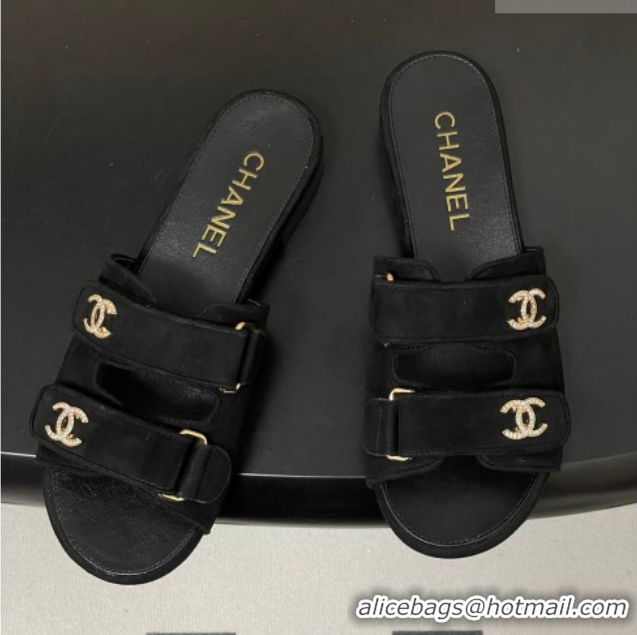 Hot Style Chanel Suede Flat Slides Sandal with Strass and Strap G47043 Black 2026