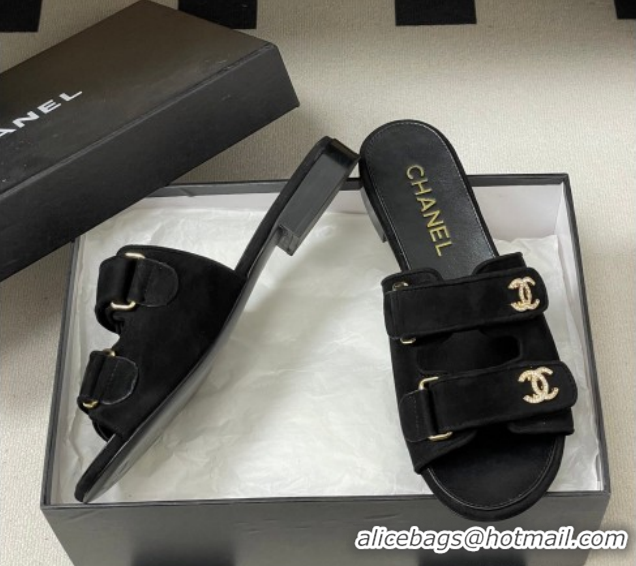 Hot Style Chanel Suede Flat Slides Sandal with Strass and Strap G47043 Black 2026