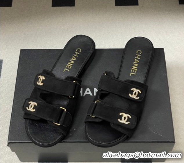 Hot Style Chanel Suede Flat Slides Sandal with Strass and Strap G47043 Black 2026