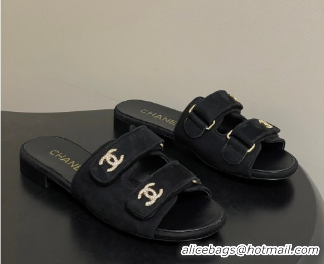 Hot Style Chanel Suede Flat Slides Sandal with Strass and Strap G47043 Black 2026