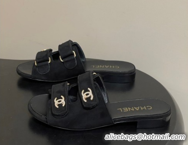 Hot Style Chanel Suede Flat Slides Sandal with Strass and Strap G47043 Black 2026