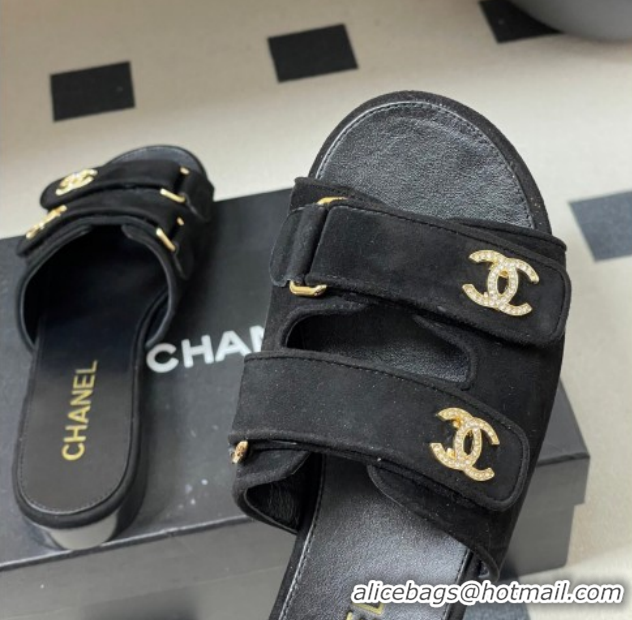 Hot Style Chanel Suede Flat Slides Sandal with Strass and Strap G47043 Black 2026