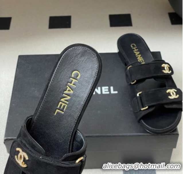 Hot Style Chanel Suede Flat Slides Sandal with Strass and Strap G47043 Black 2026