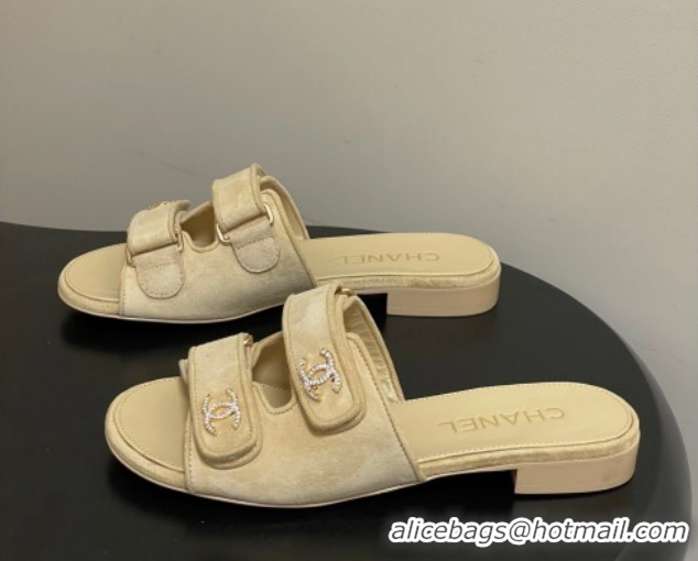 Stylish Chanel Suede Flat Slides Sandal with Strass and Strap G47043 Beige 2026