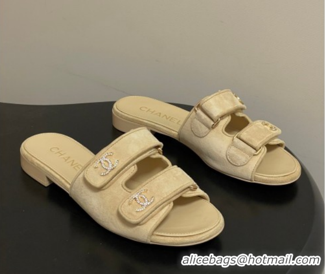 Stylish Chanel Suede Flat Slides Sandal with Strass and Strap G47043 Beige 2026