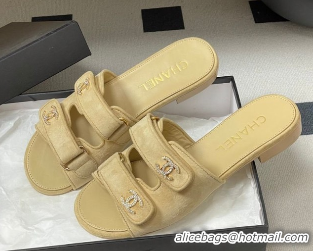 Stylish Chanel Suede Flat Slides Sandal with Strass and Strap G47043 Beige 2026