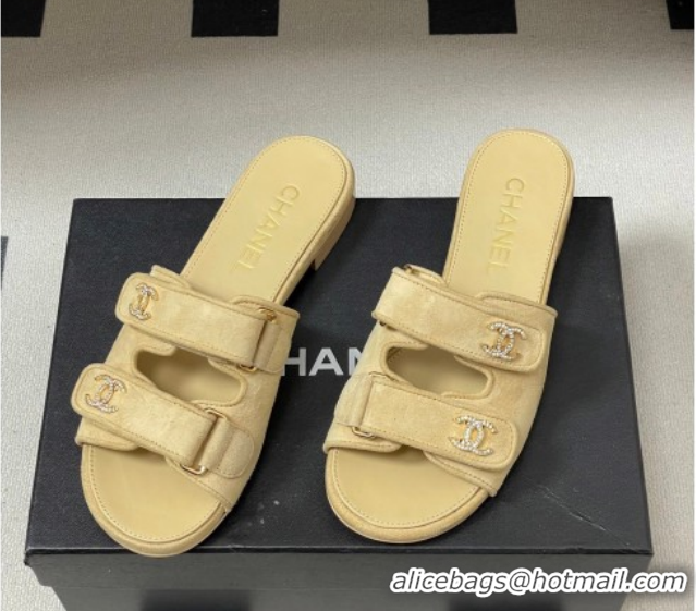 Stylish Chanel Suede Flat Slides Sandal with Strass and Strap G47043 Beige 2026