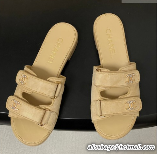 Stylish Chanel Suede Flat Slides Sandal with Strass and Strap G47043 Beige 2026