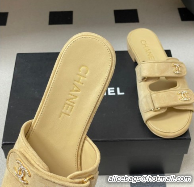 Stylish Chanel Suede Flat Slides Sandal with Strass and Strap G47043 Beige 2026