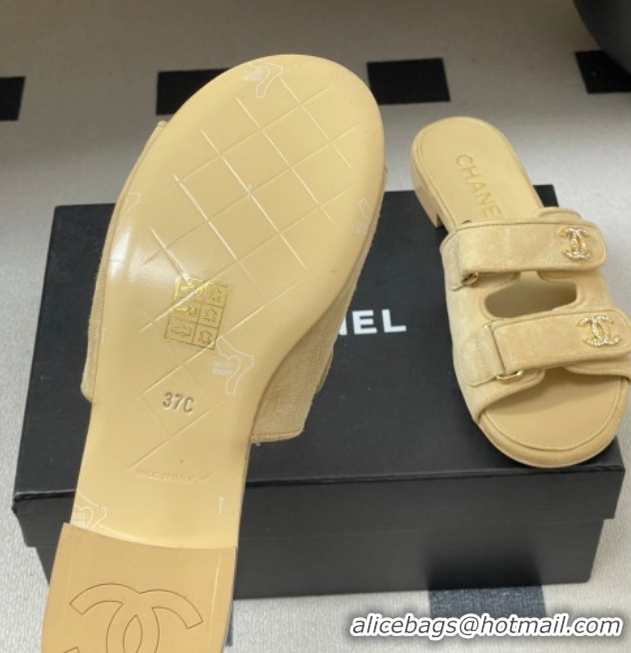 Stylish Chanel Suede Flat Slides Sandal with Strass and Strap G47043 Beige 2026
