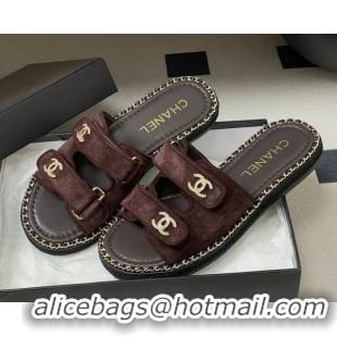 Best Price Chanel Suede Flat Slides Sandal with Strass, Chain and Strap CH030610 Dark Brown 2026