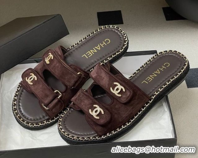 Best Price Chanel Suede Flat Slides Sandal with Strass, Chain and Strap CH030610 Dark Brown 2026