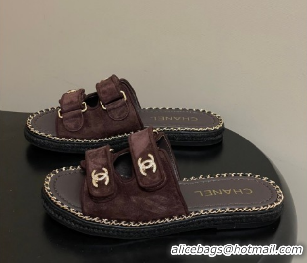 Best Price Chanel Suede Flat Slides Sandal with Strass, Chain and Strap CH030610 Dark Brown 2026