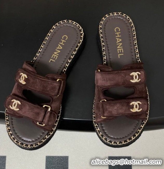 Best Price Chanel Suede Flat Slides Sandal with Strass, Chain and Strap CH030610 Dark Brown 2026