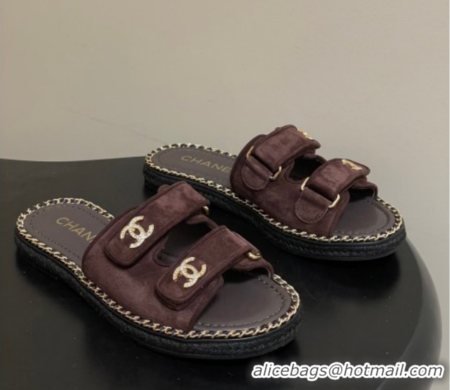 Best Price Chanel Suede Flat Slides Sandal with Strass, Chain and Strap CH030610 Dark Brown 2026