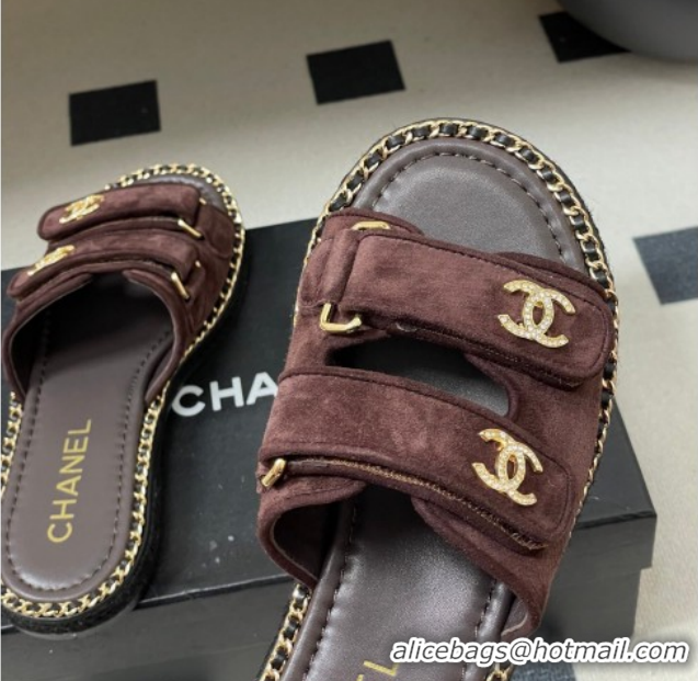 Best Price Chanel Suede Flat Slides Sandal with Strass, Chain and Strap CH030610 Dark Brown 2026