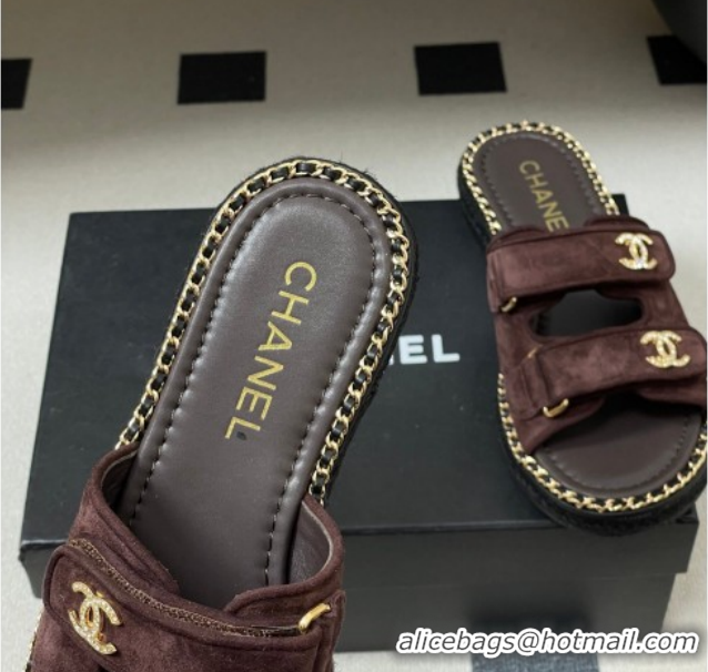 Best Price Chanel Suede Flat Slides Sandal with Strass, Chain and Strap CH030610 Dark Brown 2026