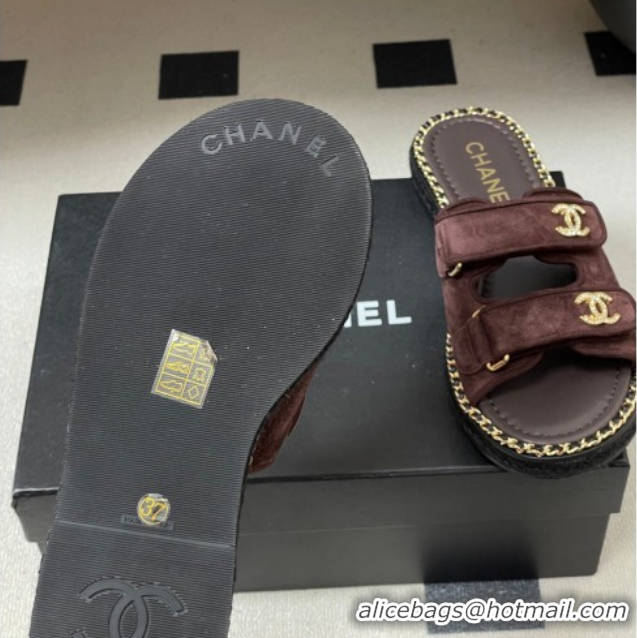 Best Price Chanel Suede Flat Slides Sandal with Strass, Chain and Strap CH030610 Dark Brown 2026