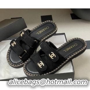 Good Quality Chanel Suede Flat Slides Sandal with Strass, Chain and Strap CH030610 Black 2026
