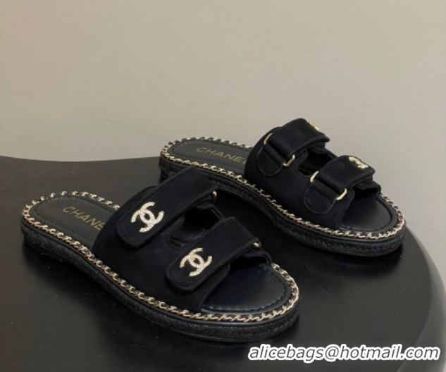 Good Quality Chanel Suede Flat Slides Sandal with Strass, Chain and Strap CH030610 Black 2026