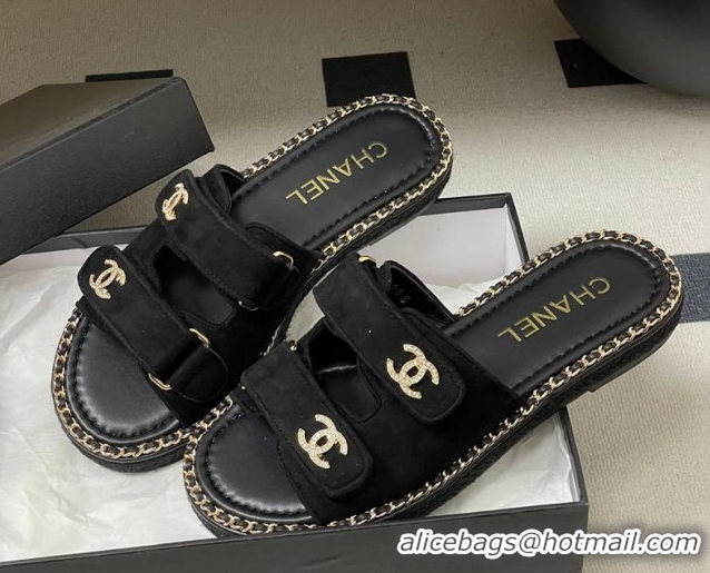 Good Quality Chanel Suede Flat Slides Sandal with Strass, Chain and Strap CH030610 Black 2026