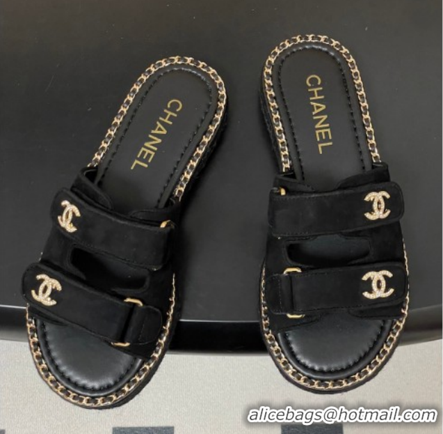 Good Quality Chanel Suede Flat Slides Sandal with Strass, Chain and Strap CH030610 Black 2026
