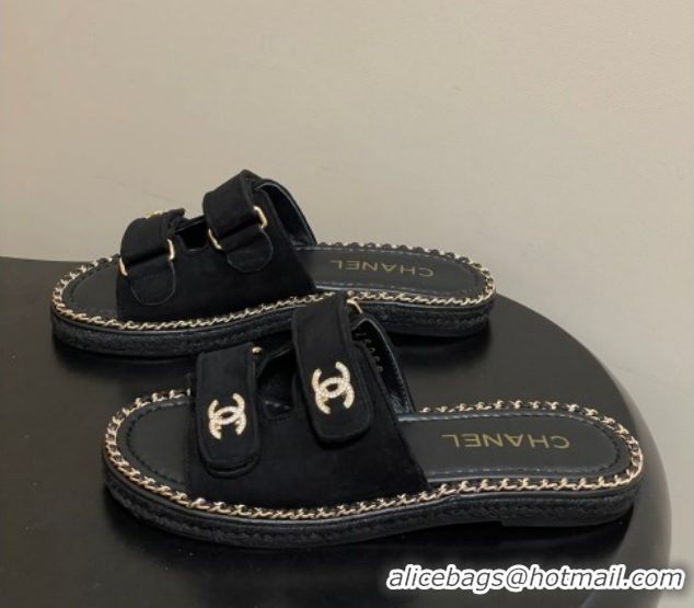 Good Quality Chanel Suede Flat Slides Sandal with Strass, Chain and Strap CH030610 Black 2026