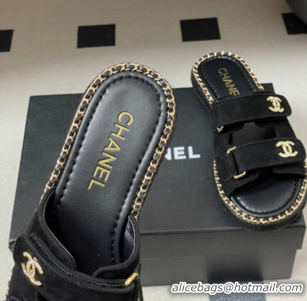 Good Quality Chanel Suede Flat Slides Sandal with Strass, Chain and Strap CH030610 Black 2026