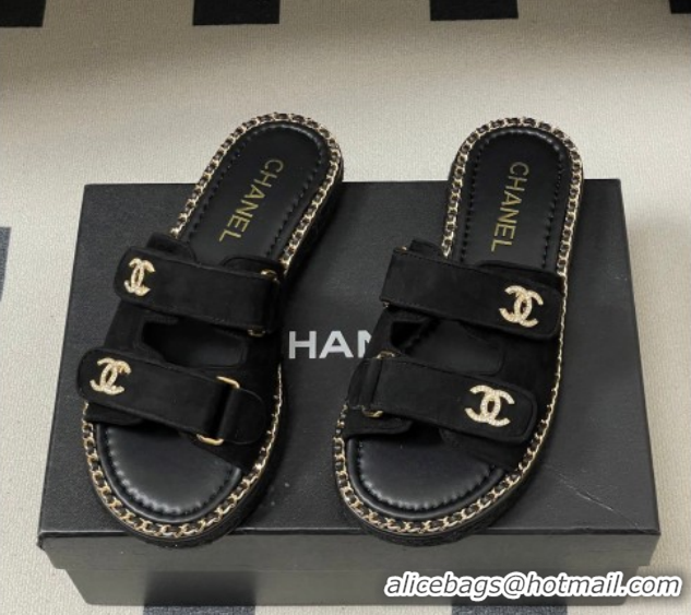 Good Quality Chanel Suede Flat Slides Sandal with Strass, Chain and Strap CH030610 Black 2026