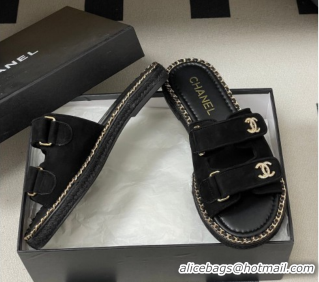 Good Quality Chanel Suede Flat Slides Sandal with Strass, Chain and Strap CH030610 Black 2026