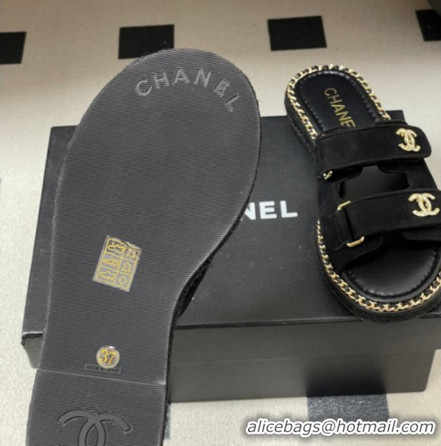 Good Quality Chanel Suede Flat Slides Sandal with Strass, Chain and Strap CH030610 Black 2026