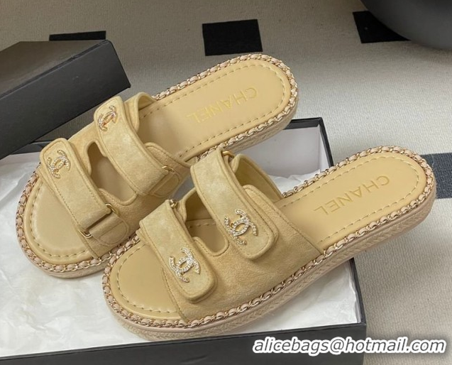 Low Cost Chanel Suede Flat Slides Sandal with Strass, Chain and Strap CH030610 Beige 2026