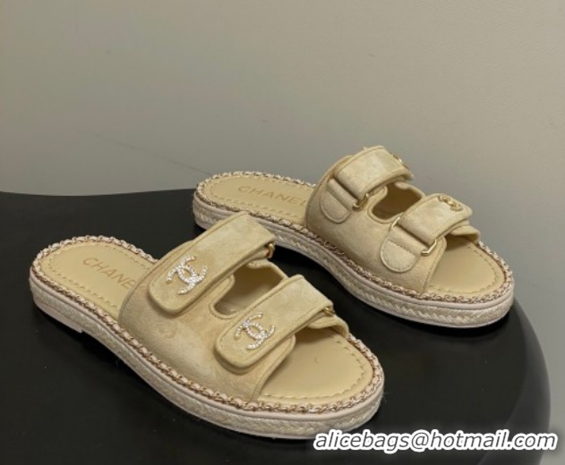 Low Cost Chanel Suede Flat Slides Sandal with Strass, Chain and Strap CH030610 Beige 2026