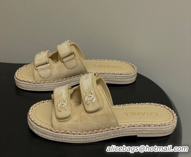 Low Cost Chanel Suede Flat Slides Sandal with Strass, Chain and Strap CH030610 Beige 2026