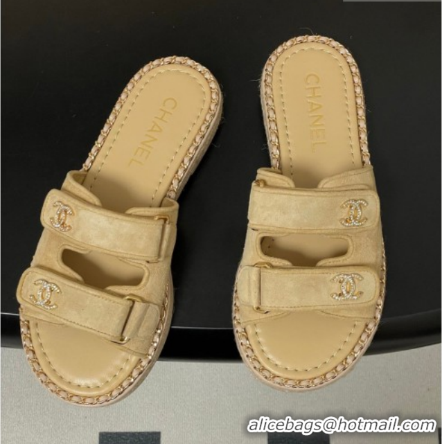 Low Cost Chanel Suede Flat Slides Sandal with Strass, Chain and Strap CH030610 Beige 2026