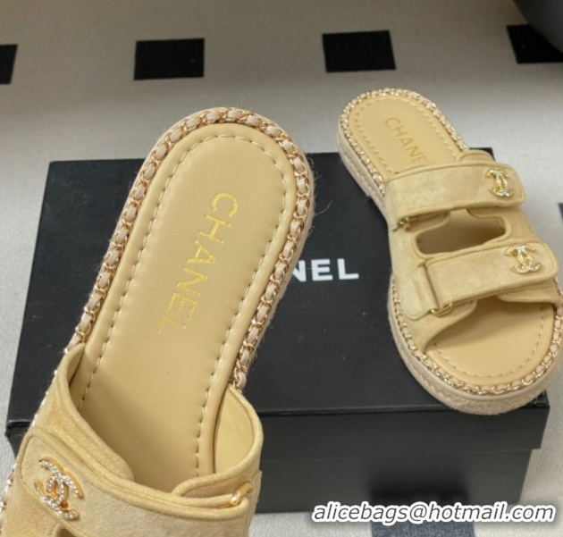 Low Cost Chanel Suede Flat Slides Sandal with Strass, Chain and Strap CH030610 Beige 2026