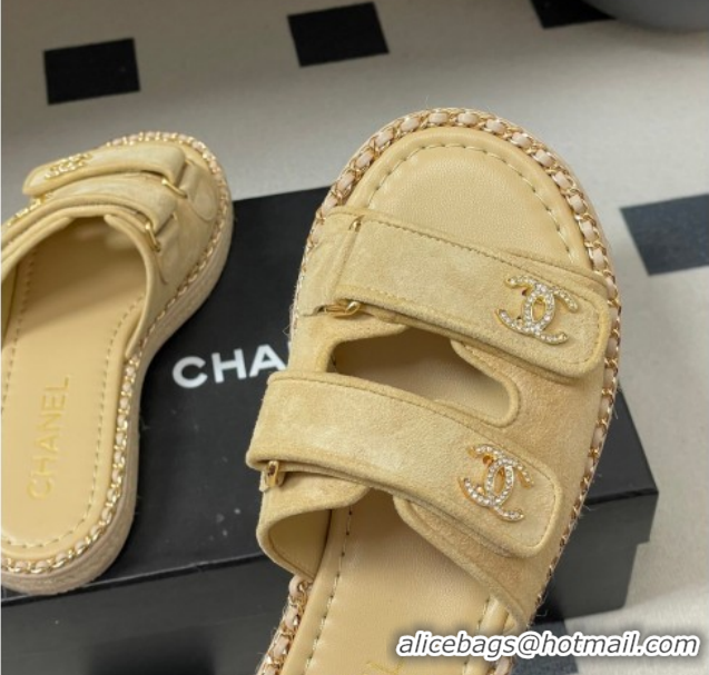 Low Cost Chanel Suede Flat Slides Sandal with Strass, Chain and Strap CH030610 Beige 2026